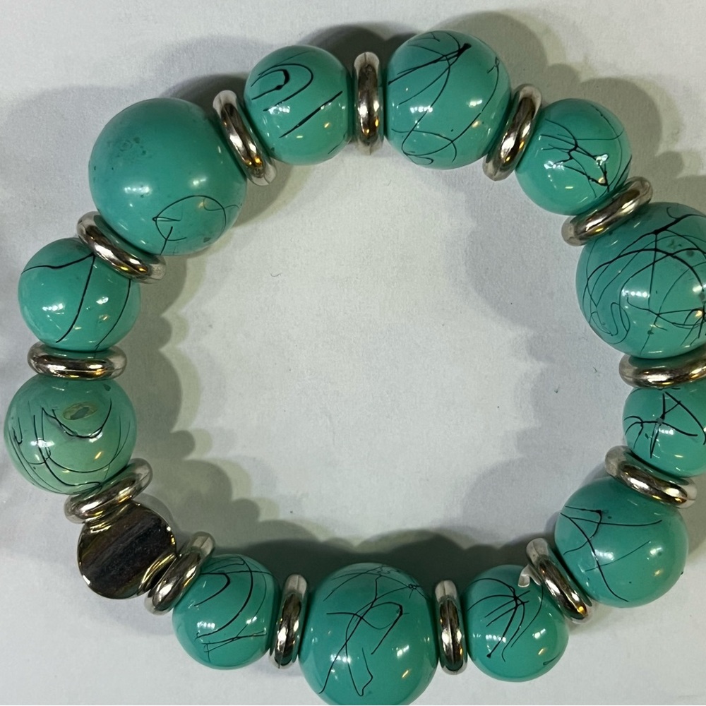 Boho Turquoise Beaded Bracelet Silver tone faux Turquoise Stretchy Bracelets
